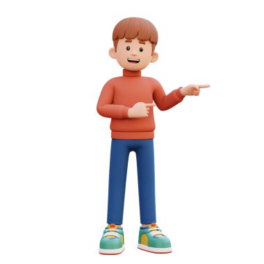 3 boyutlu mavi tişörtlü çocuk arka planda parmak izolasyonu ile yukarı bakıyor.