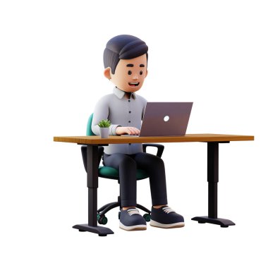Genç adam dizüstü bilgisayarlı masada oturuyor, 3 boyutlu resim..