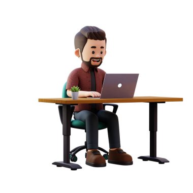 3 boyutlu illüstrasyon. Genç bir adam ofiste oturuyor ve dizüstü bilgisayara bakıyor. beyaz arkaplanda izole.