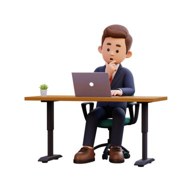 Bilgisayarda oturan bir iş adamının 3 boyutlu görüntüsü