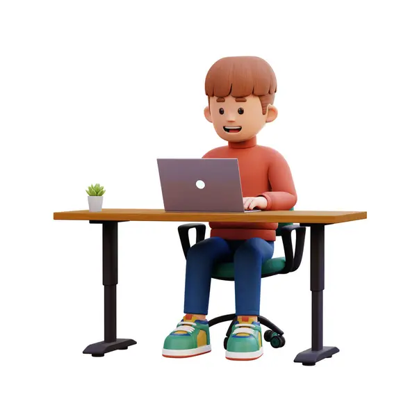 boy sitting with laptop, 3 d rendering. cartoon character illustration