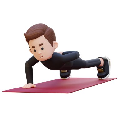 3D adam beyaz arka planda kalas egzersizi yapıyor.