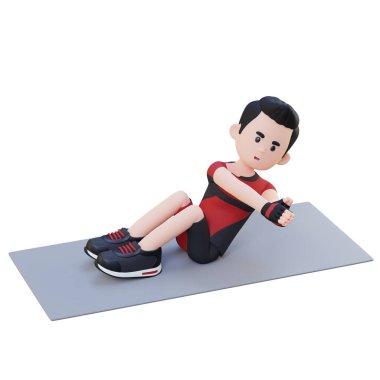 Beyaz arka planda egzersiz yapan bir adamın 3 boyutlu canlandırması