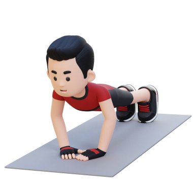 3 boyutlu karikatür adam beyaz arka planda egzersiz yapıyor.