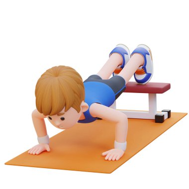 Beyaz arka planda izole edilmiş beyaz paspasın üzerinde şınav çeken genç bir çocuk. 3d oluşturma