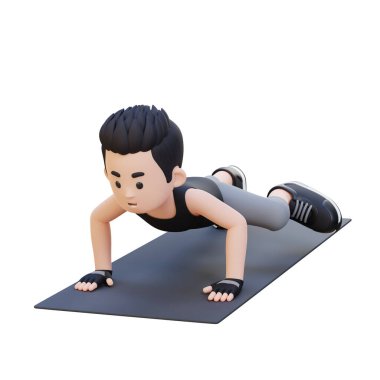 Beyaz arka planda şınav çeken çocuk