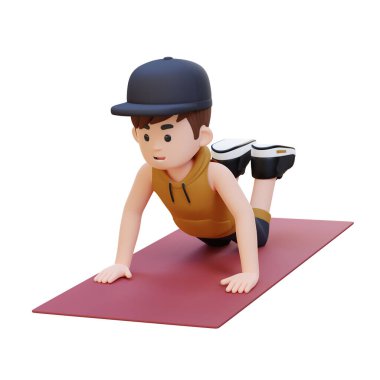 Beyaz arka planda izole edilmiş halterli çocuk şınav çekiyor. 3 Boyutlu Hazırlama