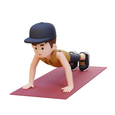 Spor kıyafetli bir adam paspasın üzerinde şınav çekiyor.