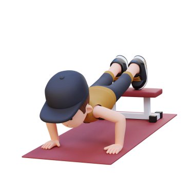 3 boyutlu çizgi film karakteri. Üzerinde dambıllar var.