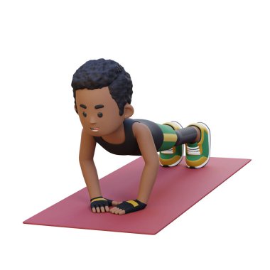 Afrikalı adam egzersiz yapıyor. 3D illüstrasyon, 3D canlandırma