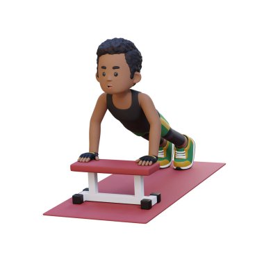 3D illüstrasyon - koşu bandında egzersiz yapan küçük bir çocuk olan bir çizgi film karakteri