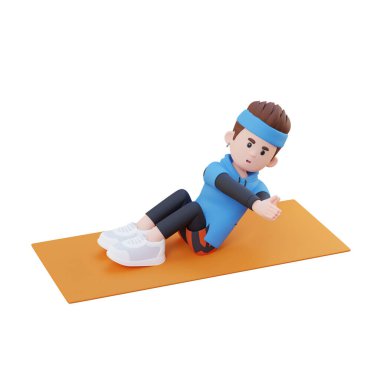 3 boyutlu izometrik adam minderle egzersiz yapıyor.