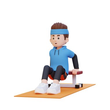 Beyaz arka planda izole edilmiş bir halatla hasırda egzersiz yapan bir gencin 3 boyutlu görüntüsü..