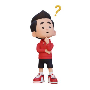 Soru işareti olan üç boyutlu şirin çocuk karikatürü. 3D görüntüleme beyaz üzerine izole edildi.