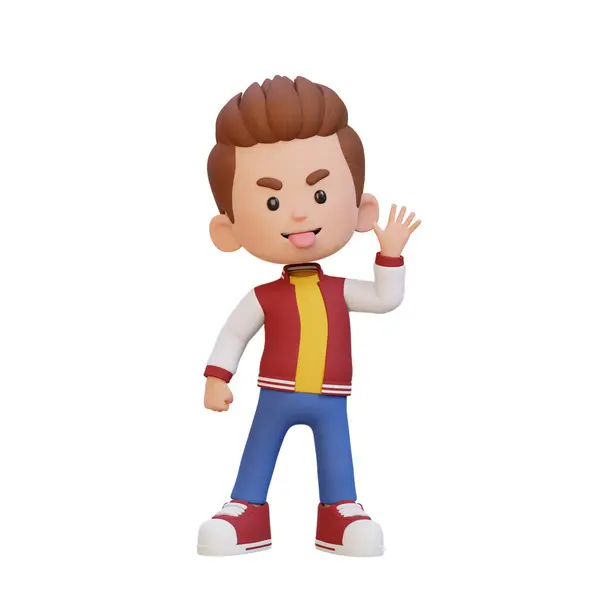 赤いジャケットと黒いジーンズの小さな子供の男の子の漫画のキャラクター 手の上に立って指を指して イラストの3Dレンダリング — ストック写真