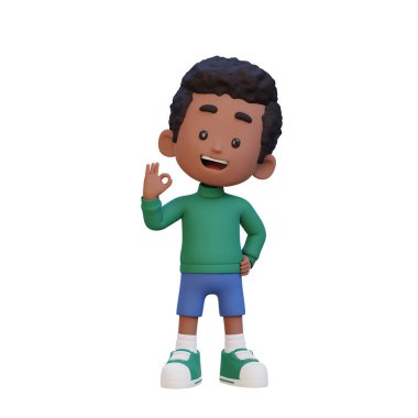 Siyah tişörtlü, yeşil yapraklı sevimli bir çocuğun 3 boyutlu görüntüsü..