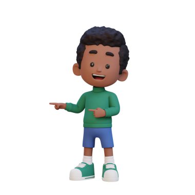 3D mutlu küçük çocuk beyaz üzerinde izole edilmiş bir şekilde işaret ediyor.