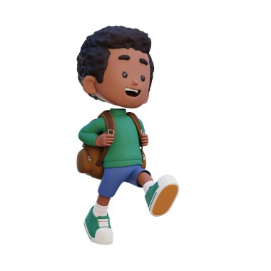 Sırt çantasıyla yürüyen 3 boyutlu çizgi film çocuğu.