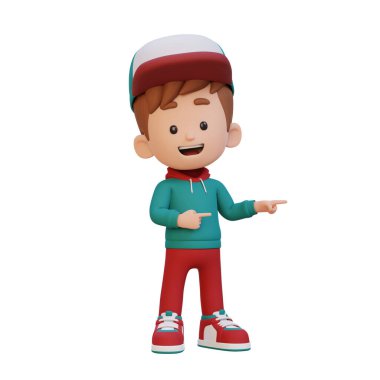 Üç boyutlu mutlu adam tasviri. Şapka takıyor ve parmağıyla işaret ediyor. kırpma yolu ile beyaz arkaplan üzerinde izole.