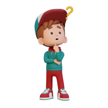 Üç boyutlu bir çizgi film karakteri, günlük kıyafetler giymiş ve şapka takmış bir çocuk. 3 boyutlu illüstrasyon. beyaz arkaplanda izole edilmiş.