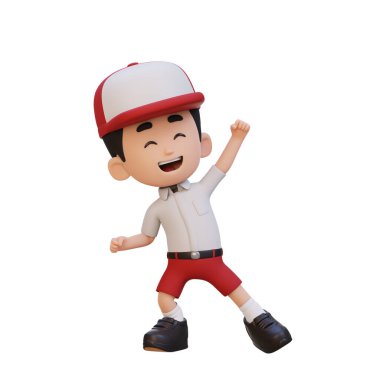 Beyzbol şapkası takan bir çocuğun 3 boyutlu karikatürü.