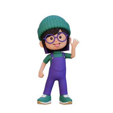 Mor şapkalı küçük bir kızın 3 boyutlu resmi.