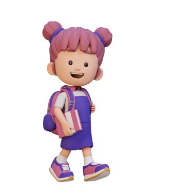 Beyaz arka planda izole edilmiş sırt çantasıyla yürüyen sevimli bir kız çizgi film karakteri.