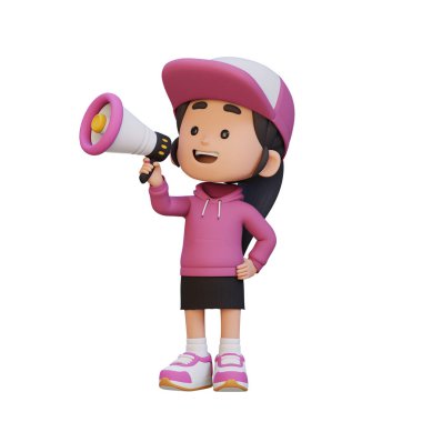 Pembe elbiseli genç kadın mikrofonla şarkı söylüyor.