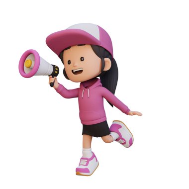 Pembe hoparlörü ve megafonu olan sevimli küçük kız.