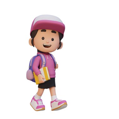 3 boyutlu pembe elbiseli bir çocuk okula sırt çantasıyla gidiyor.