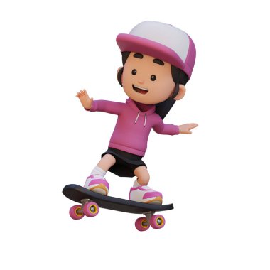 Kaykayla oynayan sevimli bir çocuğun 3 boyutlu resmi.