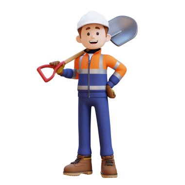3 Boyutlu İnşaat İşçisi Karakteri Elinde kendine güvenen bir kürek tutuyor