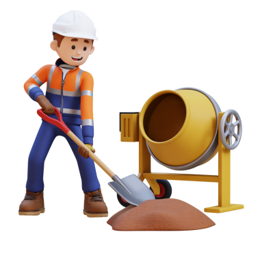 3 Boyutlu İnşaat İşçisi Karakteri Kürek ve Beton Karıştırıcı Çimento ile Çalışıyor