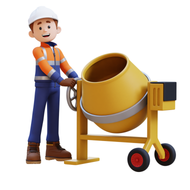 Beton Karıştırıcı üzerinde çalışan 3B İnşaat İşçisi Karakteri