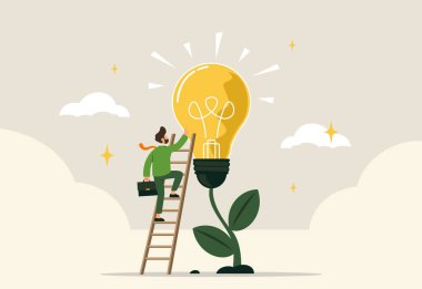 Bir işadamı, yerden bir bitki gibi büyüyen büyük, parlayan bir ampule doğru bir merdiven tırmanır. Bir evrak çantası taşıyor ve sanki ampule dokunur gibi elini uzatıyor..