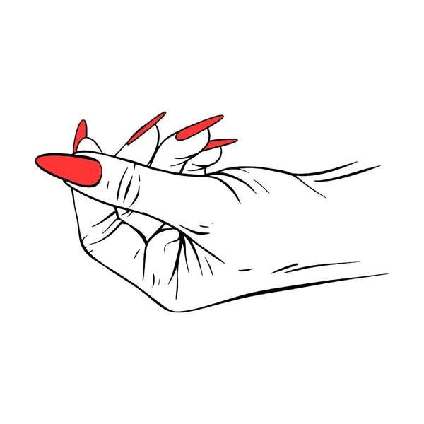 Dlouhé Červené Nehty Ručně Kreslené Gesto Skica Vektor Ilustrace Čára — Stockový vektor