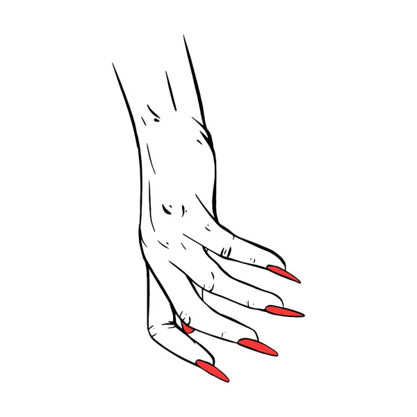 Μακρά Κόκκινα Νύχια Χειροποίητα Χειρονομία Σκίτσο Διάνυσμα Εικονογράφηση Γραμμή Τέχνη — Διανυσματικό Αρχείο