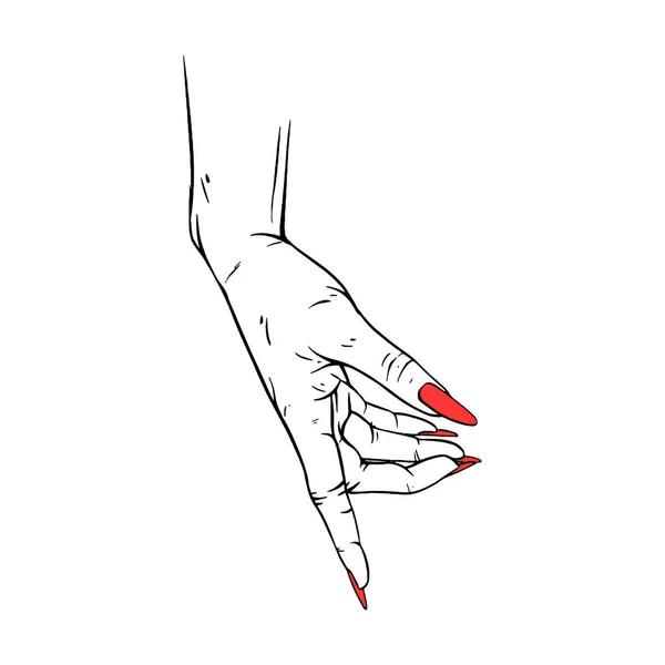 Lange Rode Nagels Hand Getekend Gebaar Schets Vector Illustratie Lijn — Stockvector