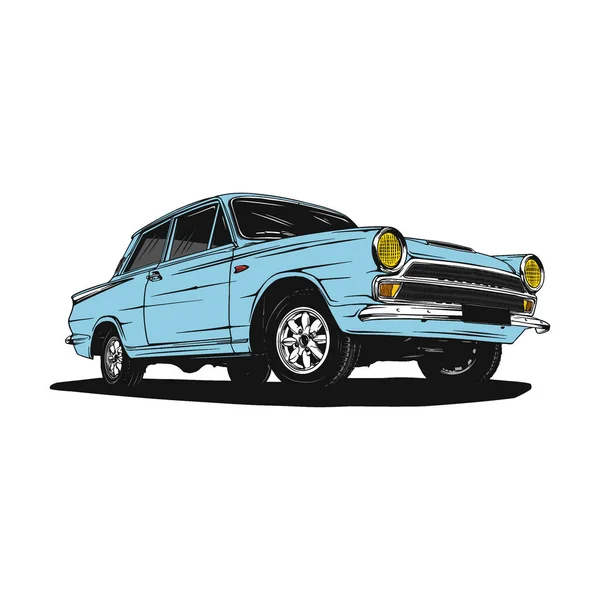 Винтажный Синий Автомобиль Иллюстрации Векторная Линия Искусства — стоковый вектор