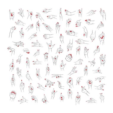 Kırmızı Neils el koleksiyonu çizim vektör çizim çizim çizgisi sanatını ayarlayın. Desen benzerliği