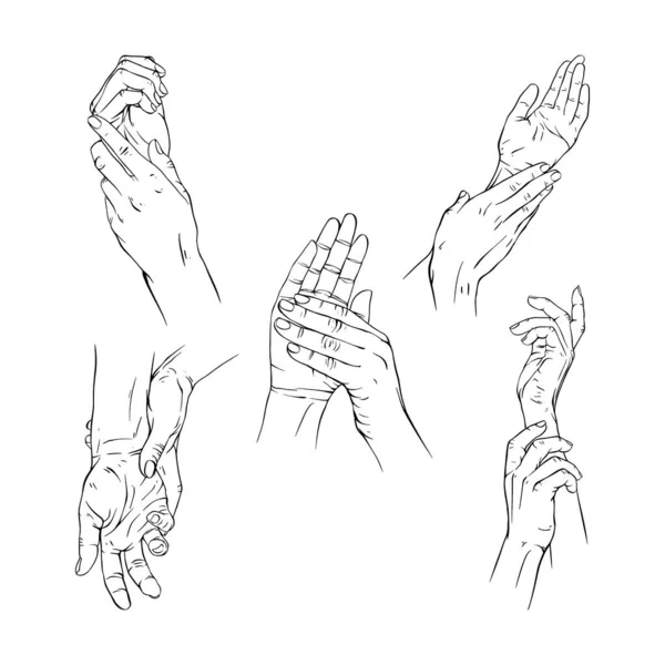 Set Two Hand Collection Drawn Gesture Sketch Vector Illustration Line — Stock Vector