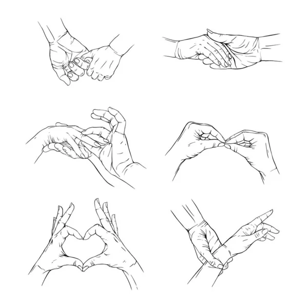 Set Hand Kärlek Romantik Par Kärlek Valentine Samling Ritad Gest — Stock vektor