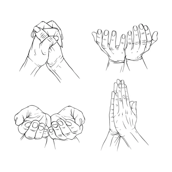 Set Preghiera Raccolta Mano Disegnato Gesto Schizzo Vettore Illustrazione Linea — Vettoriale Stock