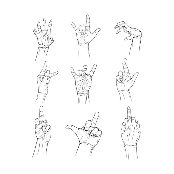 Set Fuck Metal Good Luck Hand Collection Drawn Gesture Sketch — Stockový vektor