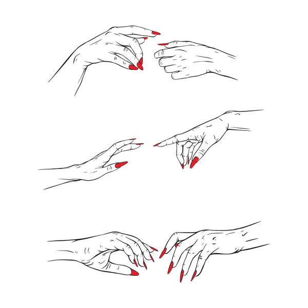 Set Red Neils Joined Hand Collection Drawn Gesture Sketch Vector —  Vetores de Stock