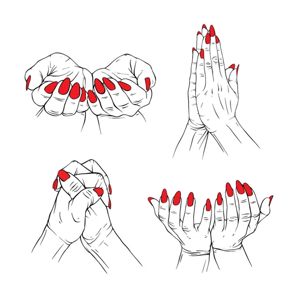 Set Gebet Rot Neils Hand Sammlung Gezeichnet Gestus Skizze Vektor — Stockvektor