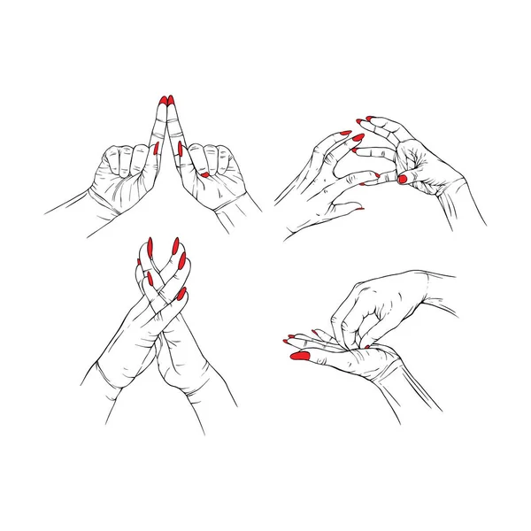 Набор Красных Нейл Две Руки Коллекция Рисунок Жеста Эскиз Векторной — стоковый вектор