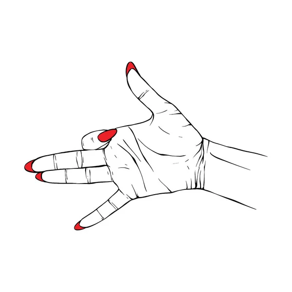 Μακρά Κόκκινα Νύχια Χειροποίητα Χειρονομία Σκίτσο Διάνυσμα Εικονογράφηση Γραμμή Τέχνη — Διανυσματικό Αρχείο