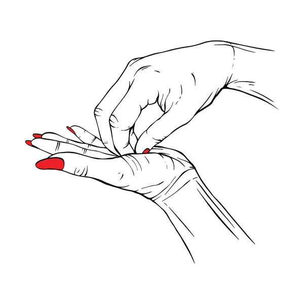 Ongles Longs Rouges Dessinés Main Esquisse Vectoriel Illustration Ligne Art — Image vectorielle