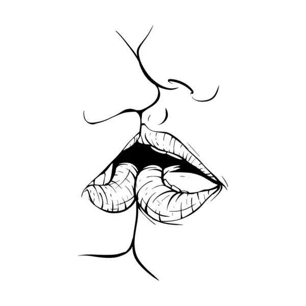 Couple Kissing Lips Sketch Vector Illustration Line Art — Stock Vector